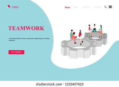 Landing page template of Teamwork. Modern flat design concept of web page design for website and mobile website. People are working together to solve the problem. vector illustration.
