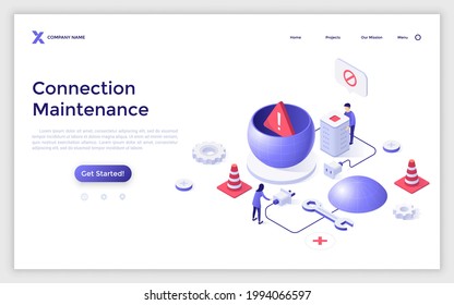 Landing page template with technical specialists and parts of globe connected by wire with socket and plug. Concept of internet connection maintenance services. Modern isometric vector illustration.