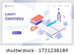 Landing page template with textbooks, geometric figures and drawings in notebook. Concept of geometry learning course, school discipline studying. Modern isometric vector illustration for website.