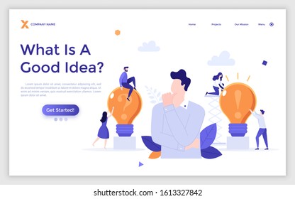Landing page template with thinking man, working people and lightbulbs with interrogation point and exclamation mark on it. Concept of search for creative solution. Modern flat vector illustration.
