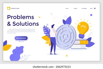 Landing page template with thoughtful man looking at maze. Concept of problem solving, business thinking, finding solution, strategic decision making. Modern flat vector illustration for webpage.