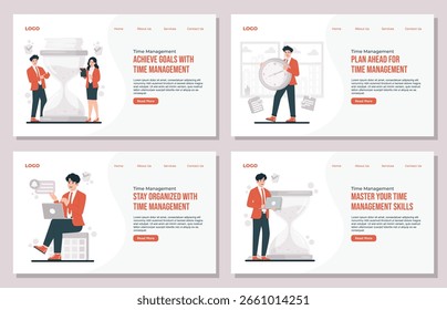 Modelo de página inicial do Conjunto de Ilustração de Conceito Simples de Vetor de Gerenciamento de Tempo para Produtividade Eficiente, Organização de Tarefas e Otimização de Tempo em Ambientes de Negócios e de Trabalho