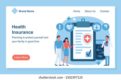 Landing page template with tiny people surround application form of health insurance. Couple of husband and wife accept with benefits of health insurance. Human life protection. Colorful flat vector