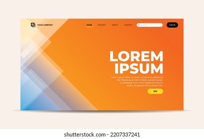 Landing page Template mit transparentem Glas in dreieckiger geometrischer Form auf orangefarbenem, blauem Hintergrund für Homepage