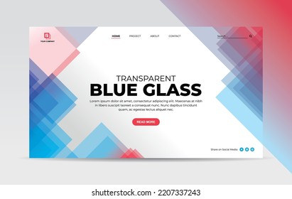 Landing page template with transparent glass in blue and red triangle geometric shape on white background for website home page