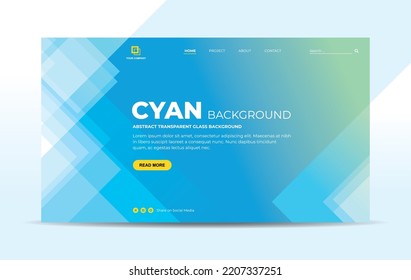 Landing page template with transparent glass in triangle geometric shape on blue green background for website home page