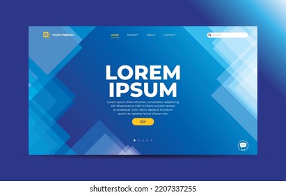 Landing page template with transparent glass in triangle geometric shape on blue background for website home page