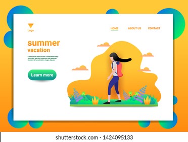 Landing Page Template Travel Concept A Women are walking into the forest with maps and radio.