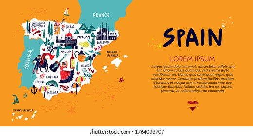 Landing page template of a travel site about trip to Spain. Decorative tourist map of country with sights, architecture, city names. Symbols for tourist guides, souvenirs, promos. Vector illustration