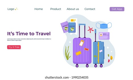 Landing page template of travel stuff for adventure tourism, travel. Journey decorative design with  shells, accessories, suitcase, baggage. Flat cartoon trendy vector.
