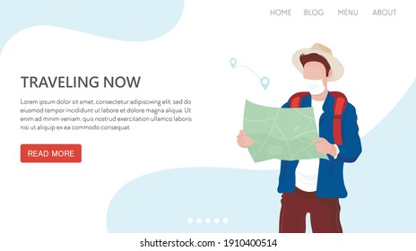 Landing page or template with traveling man with map and mask in new reality pandemic 2021.