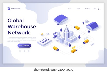 Landing page template with trucks on roads and warehouse buildings. Concept of international cargo transportation, freight forwarding or logistics services. Modern isometric vector illustration.