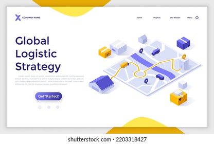 Landing page template with trucks on city map, boxes, warehouse. Concept of global logistics strategy, cargo transportation and freight forwarding services. Modern isometric vector illustration.