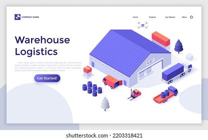 Landing page template with trucks and warehouse. Concept of cargo transportation and terminal storage, delivery of goods, freight forwarding, logistics services. Modern isometric vector illustration.