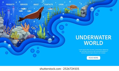 Landing page template with underwater landscape and paper cut waves inviting to explore vibrant marine life with seal, jellyfish, fish shoal and turtle. Vector web banner with ocean animals and flora