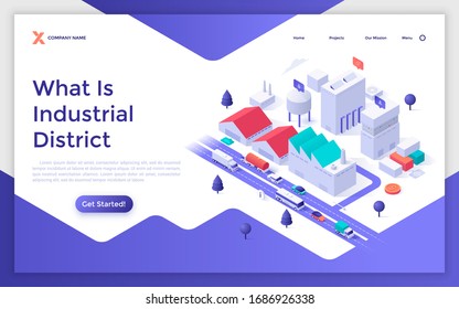 Landing page template with urban area with manufacturing or production buildings, water tower, trucks on road. Concept of city industrial district. Modern isometric vector illustration for webpage.