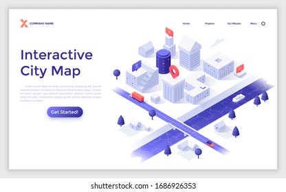 Plantilla de página de aterrizaje con distrito urbano con edificios modernos, calles, río, puente. Concepto de mapa interactivo en línea de la ciudad. Isometric vectorial ilustración para el sitio web del servicio de Internet de navegación.