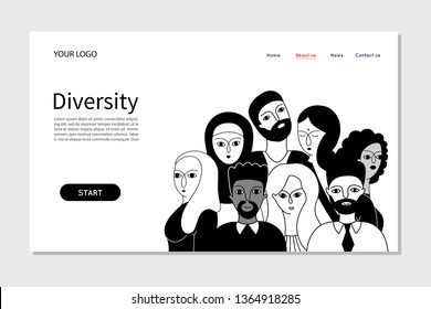 Landing page template of various people presenting person team diversity in the company. Vector illustration. 