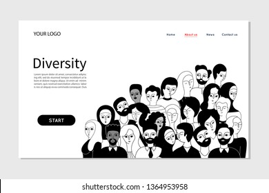 Landing page template of various people presenting person team diversity in the company. Vector illustration. 