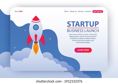 Landing page template. Vector concept of start-up, investment, innovative growth, technology development and business launch. Vector illustration for web page and presentation. Rocket launch. Startup.