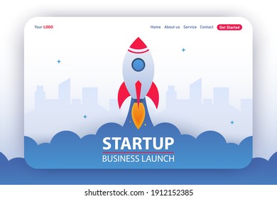 Landing page template. Vector concept of start-up, investment, innovative growth, technology development and business launch. Vector illustration for web page and presentation. Rocket launch. Startup.