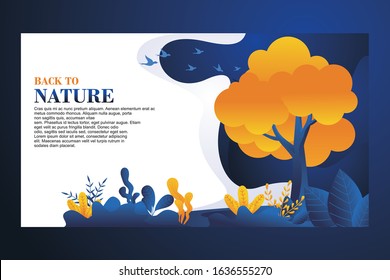 Landing page template vector design. Natural Landscape with Blue and yellow plants, trees and sky.  suitable for beauty, spa, wellness, natural products, website etc.