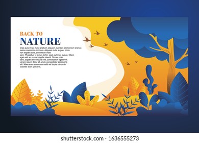 Landing page template vector design. Natural Landscape with Blue and yellow plants, trees and sky.  suitable for beauty, spa, wellness, natural products, website etc.