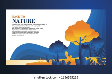 Landing page template vector design. Natural Landscape with Blue and yellow plants, trees and sky.  suitable for beauty, spa, wellness, natural products, website etc.