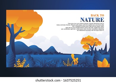 Landing page template vector design. Natural Landscape with Blue and yellow plants, trees and sky. 