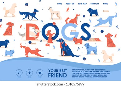 Landing page template vector dog best friend, puppies in different poses. Stretches, sits, stands, eats, asks for food. Concept pet love illustration in red, blue color with large lettering dogs