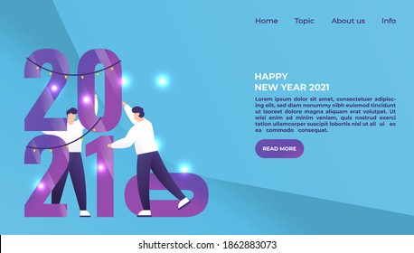 landing page template vector happy new year 2021. people change the number 0 to 1. decorate and celebrate annual parties or events. Group of friends or team wish happy New Year. flat style design