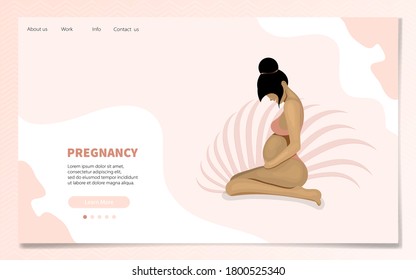 Landing page template. Vector illustration of pregnant girl. 