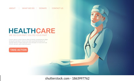 landing page template in vector illustration of healthcare service featuring the smiling tireless healthcare worker taking rest aside from the window