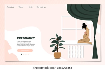 Landing page template. Vector illustration of pregnant girl. 