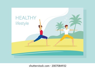 Landing page template vector illustration. Healthy lifestyle concept. Couple man and woman doing yoga on the beach.