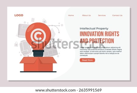 Landing page template vector illustration depicting intellectual property concepts, including copyright symbols, creative ideas, legal protection, and business