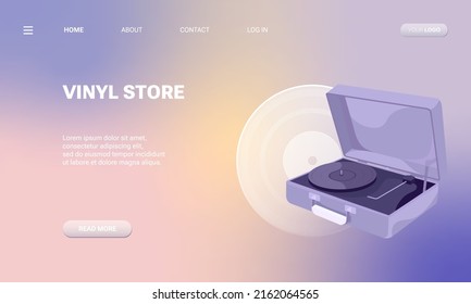 Landing page template with vintage turntable vinyl record player. Modern flat design concept of web page design for website and mobile. Abstract vector illustration with gradient. 