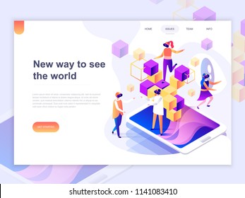 Landing page template of virtual augmented reality glasses concept with people learning and entertaining. 3D isometric concept of web page design for website and mobile website. Vector illustration.