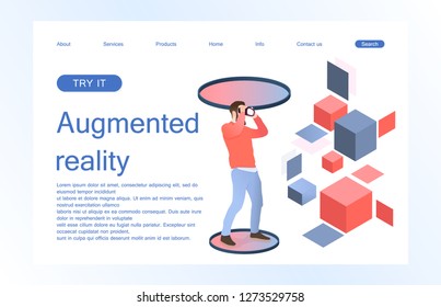 Landing page template of virtual augmented reality glasses concept with man learning and entertaining. Concept of web page design for website and mobile website. Vector illustration.