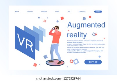 Landing page template of virtual augmented reality glasses concept with man learning and entertaining. Concept of web page design for website and mobile website. Vector illustration.
