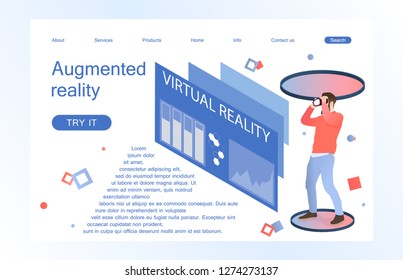 Landing page template of virtual augmented reality glasses concept with man learning and entertaining. Concept of web page design for website and mobile website. Vector illustration.