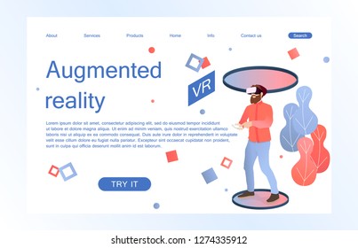 Landing page template of virtual augmented reality glasses concept with man learning and entertaining. Concept of web page design for website and mobile website. Vector illustration.