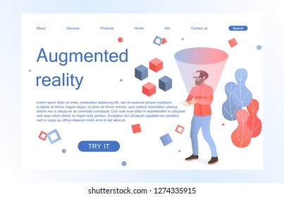 Landing page template of virtual augmented reality glasses concept with man learning and entertaining. Concept of web page design for website and mobile website. Vector illustration.