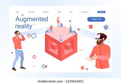 Landing page template of virtual augmented reality glasses concept with man learning and entertaining. Concept of web page design for website and mobile website. Vector illustration.