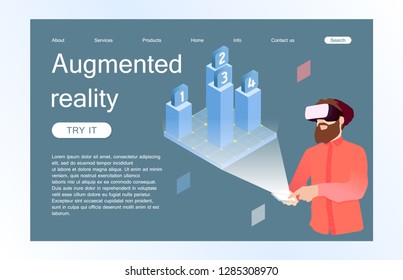 Landing page template of virtual augmented reality glasses concept with man learning and entertaining. Concept of web page design for website and mobile website. Vector illustration.