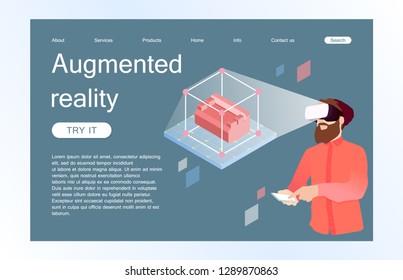 Landing page template of virtual augmented reality glasses concept with man learning and entertaining. Concept of web page design for website and mobile website. Vector illustration.
