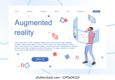 Landing page template of virtual augmented reality glasses concept with man learning and entertaining. Concept of web page design for website and mobile website. Vector illustration.