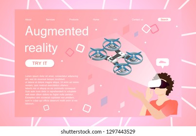 Landing page template of virtual augmented reality glasses concept with man learning and entertaining with drone. Concept of web page design for website and mobile website. Vector illustration.