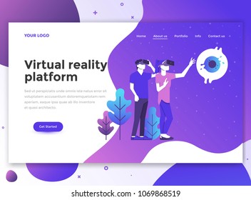 Landing page template of Virtual Reality platform. Modern flat design concept of web page design for website and mobile website. Easy to edit and customize. Vector illustration