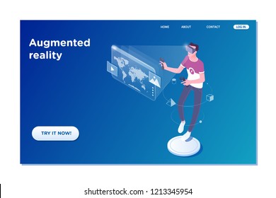 Landing page template of Virtual Reality Man with Futuristic Technology Display Concept Isometric
